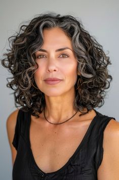 57  Chic Hairstyle Ideas for Women Over 50 with Thin Hair Shoulder Length Curly Gray Hair Over 50, Salt And Pepper Curly Hair Over 50, Pretty Grey Hair, Over 50 Curly Hairstyles For Women, Medium Short Length Hair With Layers, Gray Babylights, Makeup For Grey Hair, Grey Curly Hair Over 50, Curly Shoulder Length Hair With Layers