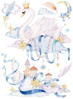 a watercolor drawing of a swan with stars and clouds