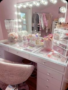 the vanity is full of cosmetics and personal care items