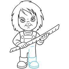 a drawing of a cartoon character holding a large knife in one hand and looking at the camera