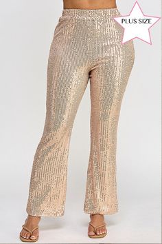 Be the shining star of any event with our Plus Size Sequin Flare Pants. These pants will add a touch of glamour to your outfit with their sparkling sequin design. Feel confident and stylish as you make a statement in these elegant pants. Perfect for any special occasion. Sequins flare pants with elastic waistband. Model is wearing size 1X Height: 5'10" Bust: 34 Waist: 24 Hip: 35 Fabric Contents 100% Polyester Holiday Party Glitter Bottoms, Party Glitter Bottoms For Party Season, Sequin Stretch Evening Bottoms, Stretch Sequin Bottoms For Evening, Gold Shiny Bottoms For Night Out, Glamorous Embellished Bottoms For Night Out, Shimmer Bottoms For Party And Holiday Season, Glamorous Embellished Bottoms For Evening, Holiday Party Shimmer Bottoms