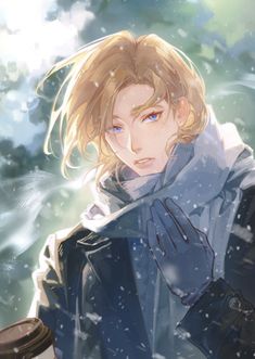 an anime character with blonde hair and blue eyes standing in the snow wearing a black coat