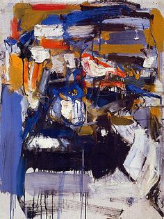 an abstract painting with blue, orange and white colors