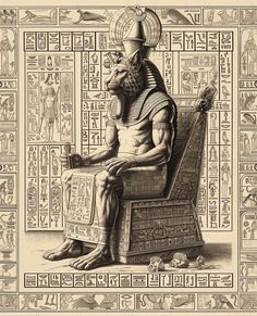 an egyptian man sitting on top of a chair in front of some egyptian art work