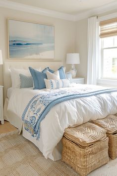 a white bed with blue and white pillows