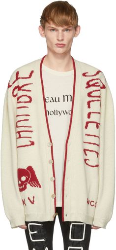 Gucci: Off-White Knit Skull Cardigan | SSENSE Gucci Cardigan, Gucci For Men, Maroon Pants, Mens Fashion Vintage, High Fashion Men, Mens Fashion Wear, Text Graphic