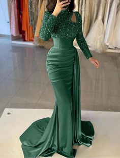 Mermaid Gown Elegant Formal Train Long Sleeve High Neck Satin with Pearls Sequin Evening Dress Sparkle Prom Dress, Gown Elegant, Mermaid Evening Gown, Long Sleeve Prom, Dresses Formal Elegant, Sequin Evening Dresses, Prom Style, Evening Gowns Elegant, Gowns Wedding