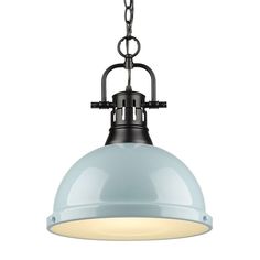 an industrial style light fixture with a blue glass shade on the bottom and black chain hanging from