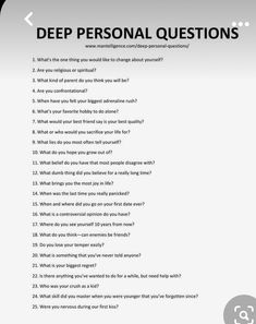 a question sheet with the words deep personal questions written on it in black and white