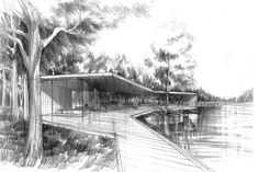 a pencil drawing of a building next to a body of water with trees in the background