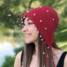 This adorable skull cap hat is crocheted with high-quality organic cotton yarn and it is embellished with pearls. It is lightweight, breathable, non-itchy, and soft on the skin.   This light and comfortable skull cap hat is made in boho hippie style.  This cute crochet skull cap hat with pearls is a perfect accessory for all seasons, rave festivals, Halloween parties, and daily wear and is very trendy. This hand-knitted hat with tassel is good for short and long hair and it is a great gift for l Handmade Bohemian Costume Hats For Winter, Bohemian Crochet Hat For Beach In Fall, Bohemian Crochet Beach Hat For Fall, Adjustable Beach Beanie, Festival Knitted Brimmed Hats, Crochet Beanie Hat For Beach In Fall, Hand Knitted Crochet Hat For Winter Festivals, Bohemian Adjustable Beanie For Fall, One-size Festival Costume Cap