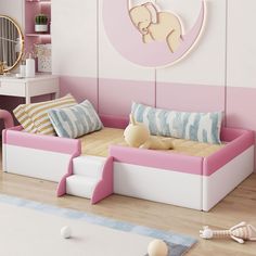 a child's bedroom with pink and white decor