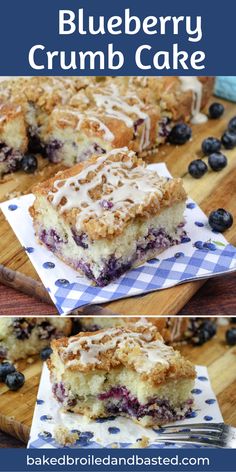 blueberry crumb cake on a wooden cutting board