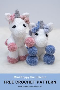 two crocheted unicorns sitting next to each other with text overlay that says mini poppy the unicorn free crochet pattern