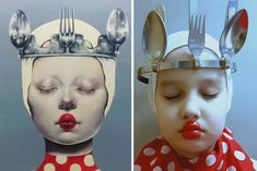 two pictures with forks and spoons on their heads, one in the shape of a woman's head