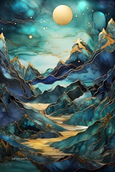 a painting with mountains and stars in the sky