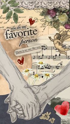 an artistic collage with flowers, hearts and music notes is featured in this image