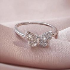 New Cubic Zirconia Butterfly Ring Silver Tone Copper Bling Diamond Ring For Promise, Sterling Silver Rings With Rhinestones, Adjustable Butterfly Ring In Cubic Zirconia, Ring Butterfly, Promise Rings For Her, Butterfly Ring, Ring Color, Ring Silver, Womens Jewelry Rings