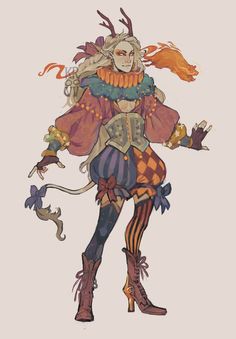 a drawing of a woman dressed as a clown with horns and boots, holding an umbrella