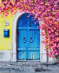 a painting of a blue door with pink flowers on it