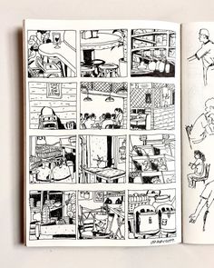 an open book with black and white illustrations on the pages, depicting people in different rooms