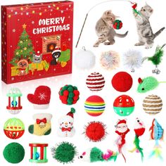 christmas ornaments and kittens are shown in front of a red box with the words merry christmas written on it