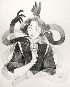 a black and white drawing of a woman with her hands on her head, sitting in front of a snake