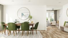 a dining room table with green chairs in front of a white wall and wooden floor