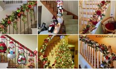 christmas decorations on the banisters and stairs in different styles, sizes and colors