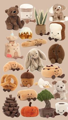 many different stuffed animals are arranged in the shape of pumpkins, bunnies and other things