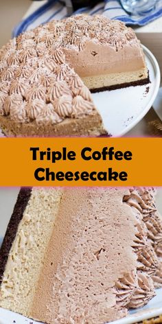 triple coffee cheesecake on a white plate