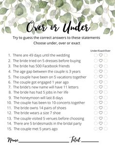 a wedding checklist with the words over or under