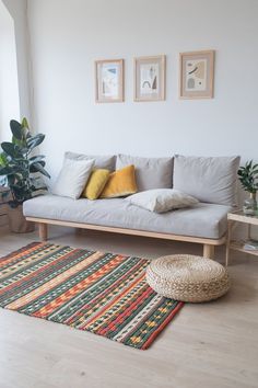 a living room with a couch and rugs on the wooden floor next to potted plants