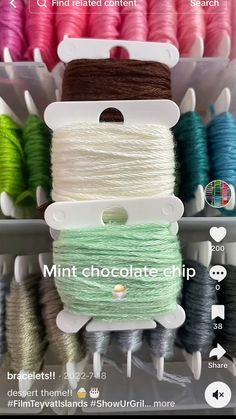 several spools of thread are on display in a store window with the text, mint chocolate chip