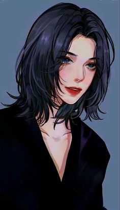 a drawing of a woman with black hair and blue eyes, wearing a black shirt