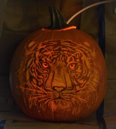 a carved pumpkin with a tiger's face on it