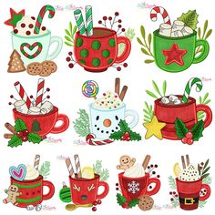 christmas mugs clipart set with candy canes, cookies and other holiday items