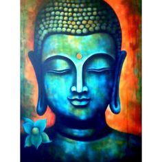 a painting of a buddha statue with flowers on it's forehead and eyes closed