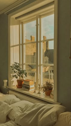 a bed sitting under a large window next to a book shelf and potted plant