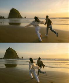 two people are running on the beach at sunset or sunrise, and one person is jumping in the air