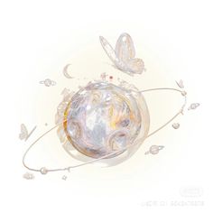 two butterflies flying around a white object with swirls on it's sides and an orange ball in the middle