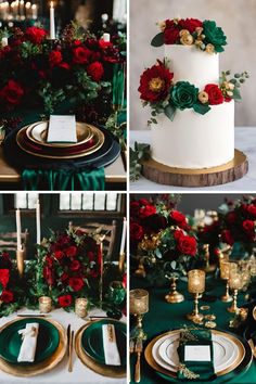 the table is decorated with red and green flowers, gold plates, candles and napkins