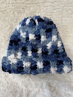 Super thick, soft, and plush blanket beanie in shades of blue and white Blue Winter Beanie, Blue Acrylic Hat, One Size Fits All, Blue Acrylic Hat, One Size, Blue Acrylic Hat One Size, Blue Acrylic Hat, Blue Warm Beanie One Size, Warm Blue Beanie One Size, Blue Crochet Beanie For Cold Weather, Blue Crochet Hat For Cold Weather