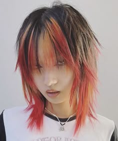 White To Red Hair, Black Hair With Orange Tips, Black And Ginger Hair, Orange And White Hair, Tiger Stripes Hair, White And Red Hair, Racoon Tail Hair, Short Hair Orange, Short Orange Hair