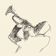 an ink drawing of a man playing the trumpet