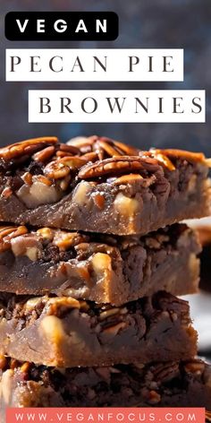 vegan pecan pie brownies stacked on top of each other