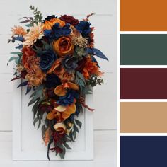 the color scheme is orange, blue, and brown with an assortment of flowers on it