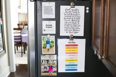 a refrigerator covered in magnets and papers with pictures on the front, side by side