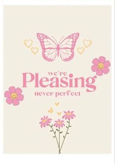 a greeting card with pink flowers and a butterfly on the side that says, we're