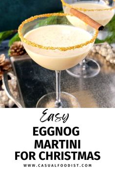 You've got to try this Easy Eggnog Martini for the holidays! With vodka, amaretto and eggnog this martini is a festive drink for the holidays. Whether you make a single cocktail or a batch cocktail for a group this is an easy eggnog cocktail everyone will love. The best eggnog martini recipe. www.casualfoodist.com